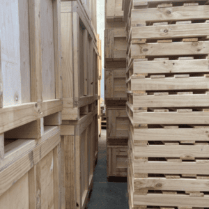 plywood boxes and pallets stacked