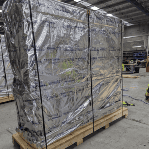 Electronic server rack being packed in VCI and a timber base