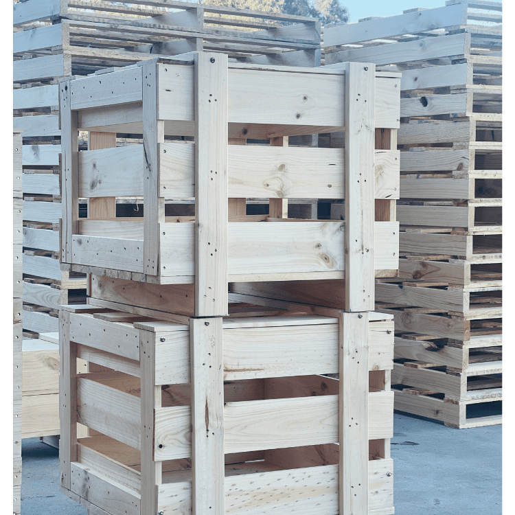 custom wooden crates stacked in Melbourne warehouse with Crate n Pack logo in background