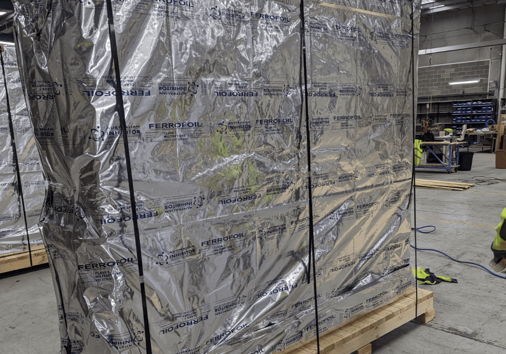 Electronic server rack being packed in VCI and a timber base