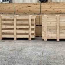 timber crate and timber case with stack of crating timbers in background