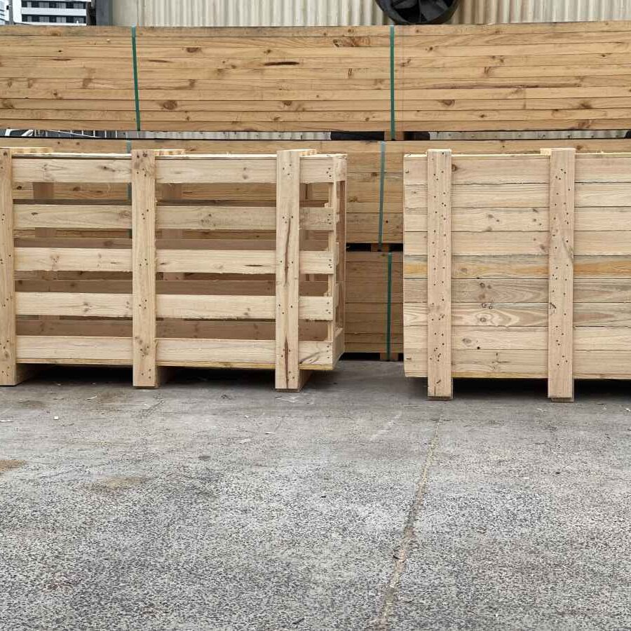 timber crate and timber case with stack of crating timbers in background