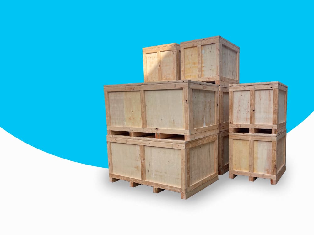 plywood shipping boxes with image of Crate n Pack Solutions logo in background